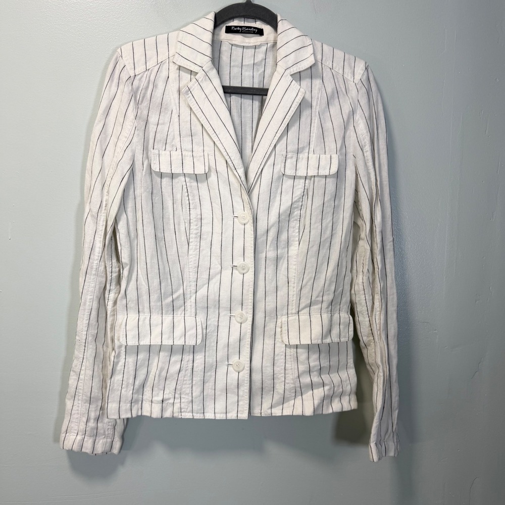 Betty Barclay Collection White Pinstripe 100% Linen Blazer Jacket Size 10 - Picture 1 of 8